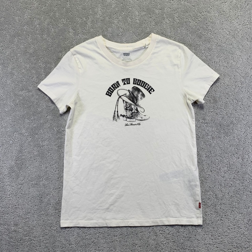 Levi's Womens Graphic T Shirt White XS Born to Boogie Cowboy Boots Hat Red Tab